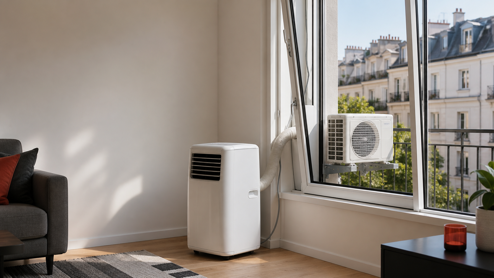 Portable split air conditioner installed beside a European apartment window